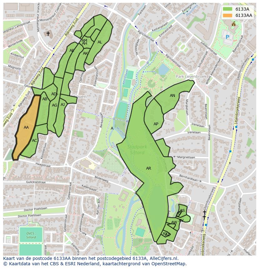 Afbeelding van het postcodegebied 6133 AA op de kaart.