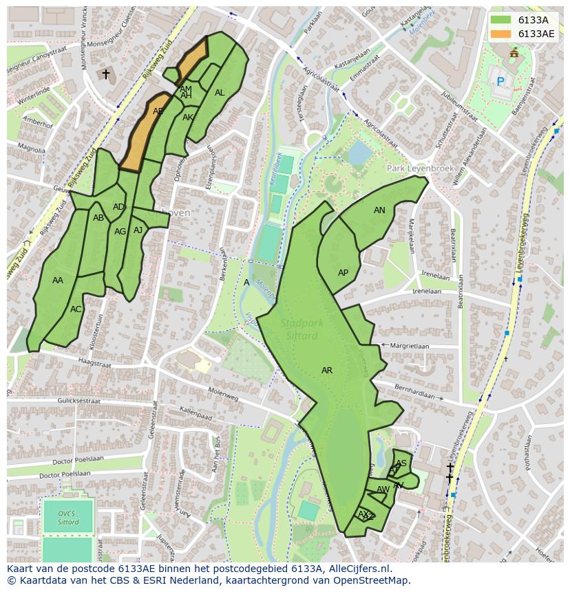 Afbeelding van het postcodegebied 6133 AE op de kaart.