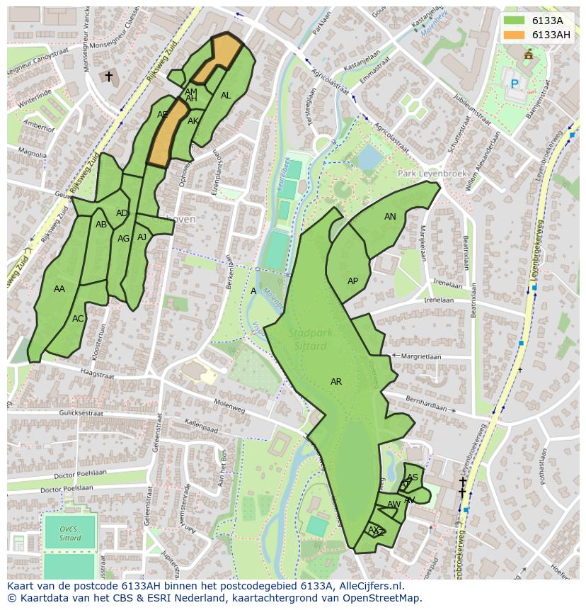 Afbeelding van het postcodegebied 6133 AH op de kaart.