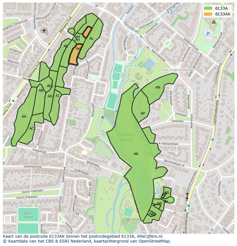 Afbeelding van het postcodegebied 6133 AK op de kaart.