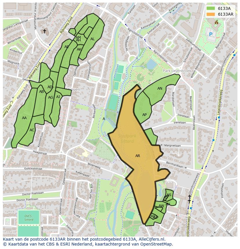 Afbeelding van het postcodegebied 6133 AR op de kaart.