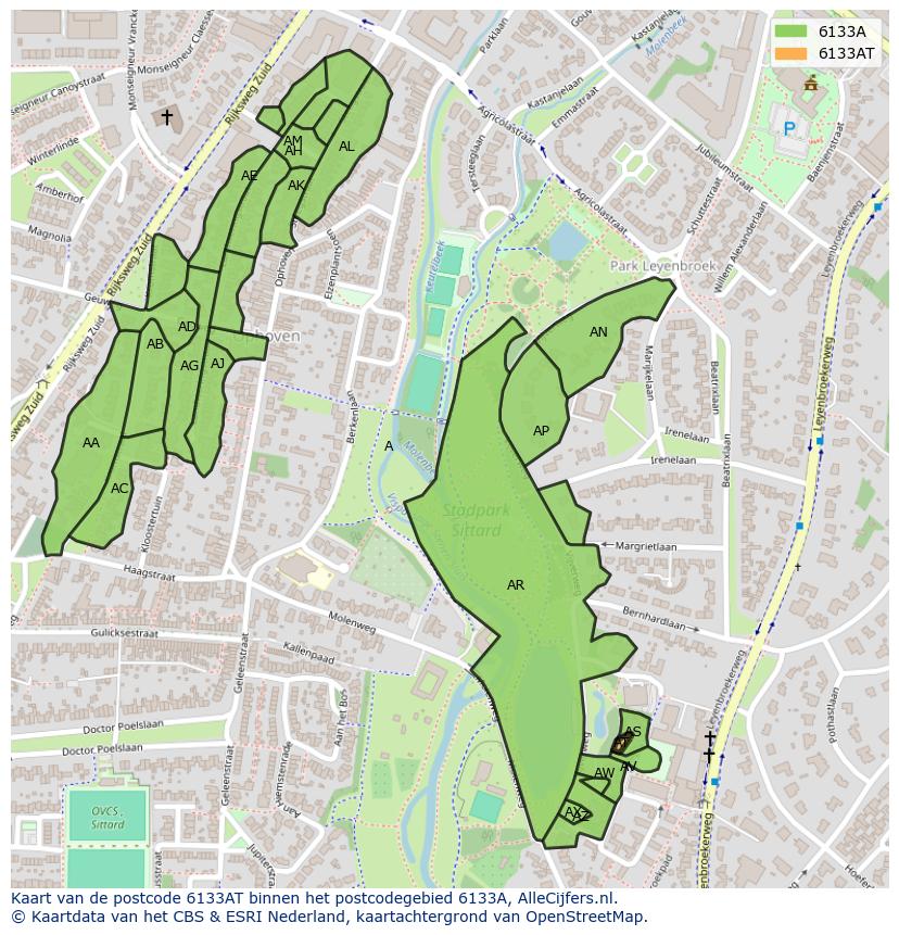 Afbeelding van het postcodegebied 6133 AT op de kaart.