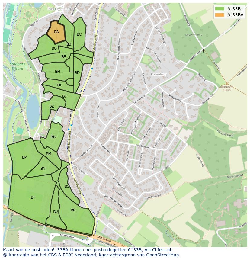 Afbeelding van het postcodegebied 6133 BA op de kaart.