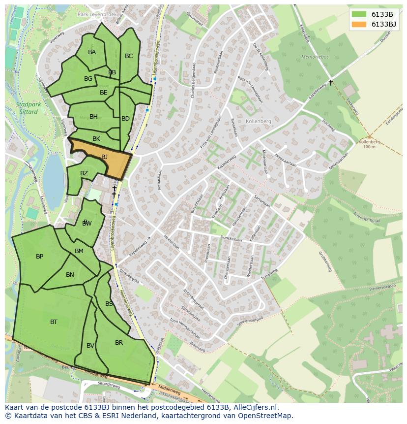 Afbeelding van het postcodegebied 6133 BJ op de kaart.