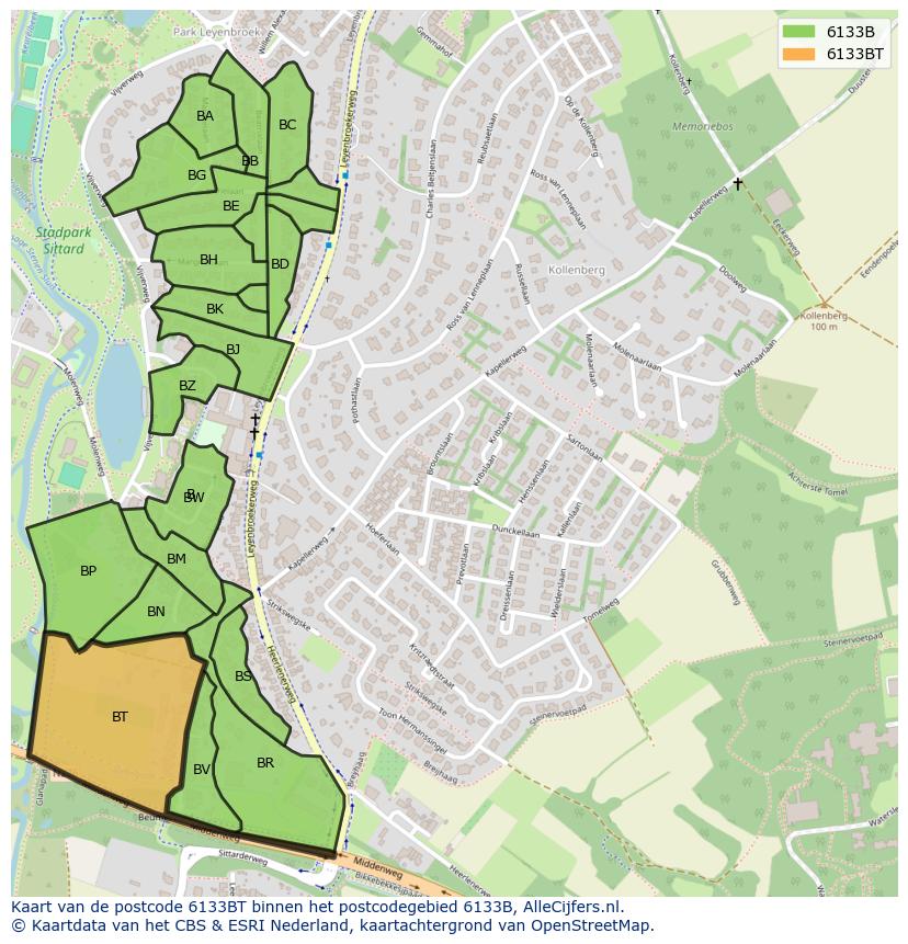 Afbeelding van het postcodegebied 6133 BT op de kaart.