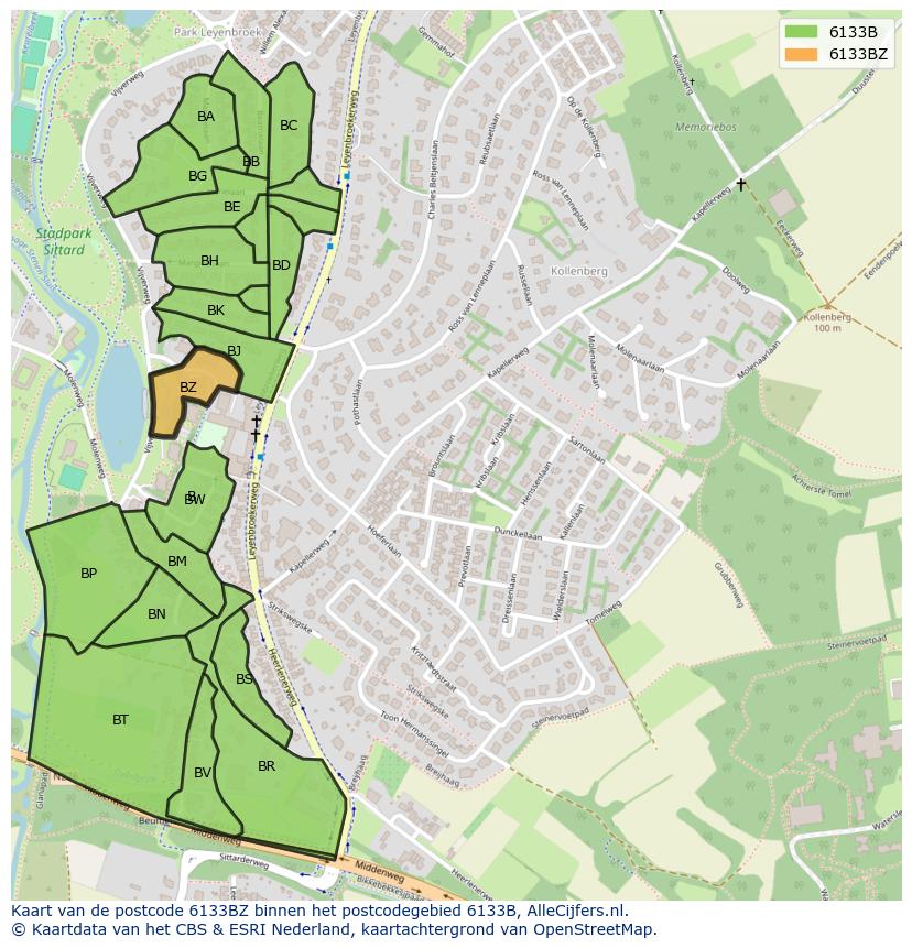 Afbeelding van het postcodegebied 6133 BZ op de kaart.