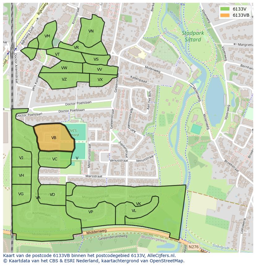 Afbeelding van het postcodegebied 6133 VB op de kaart.