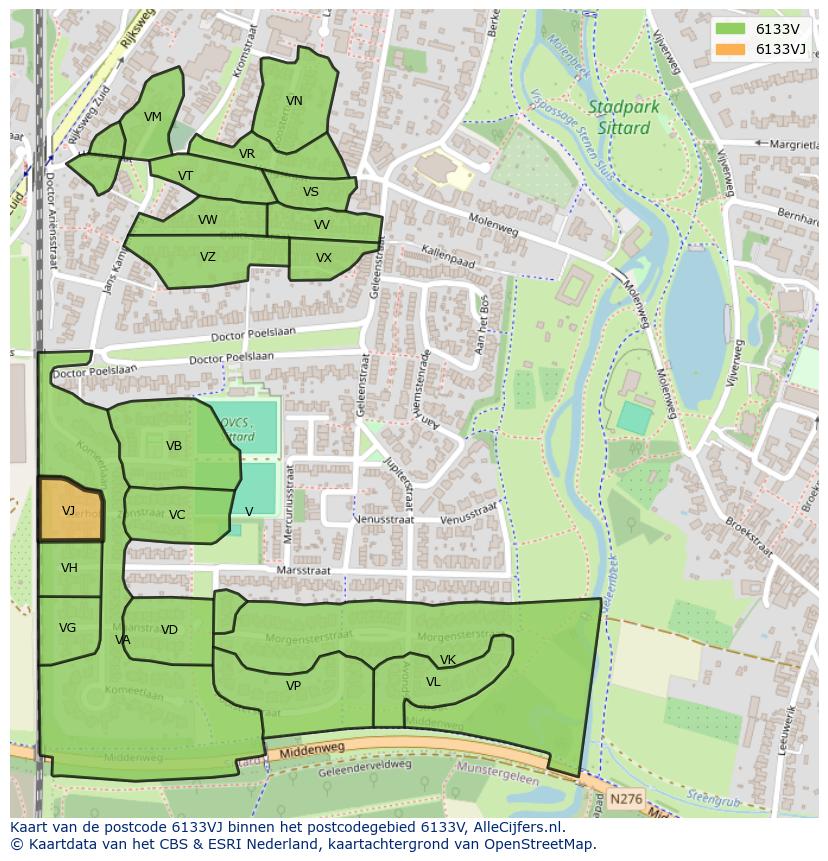 Afbeelding van het postcodegebied 6133 VJ op de kaart.