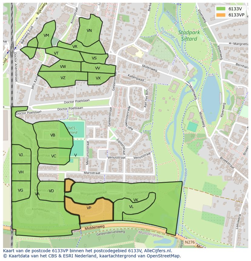 Afbeelding van het postcodegebied 6133 VP op de kaart.
