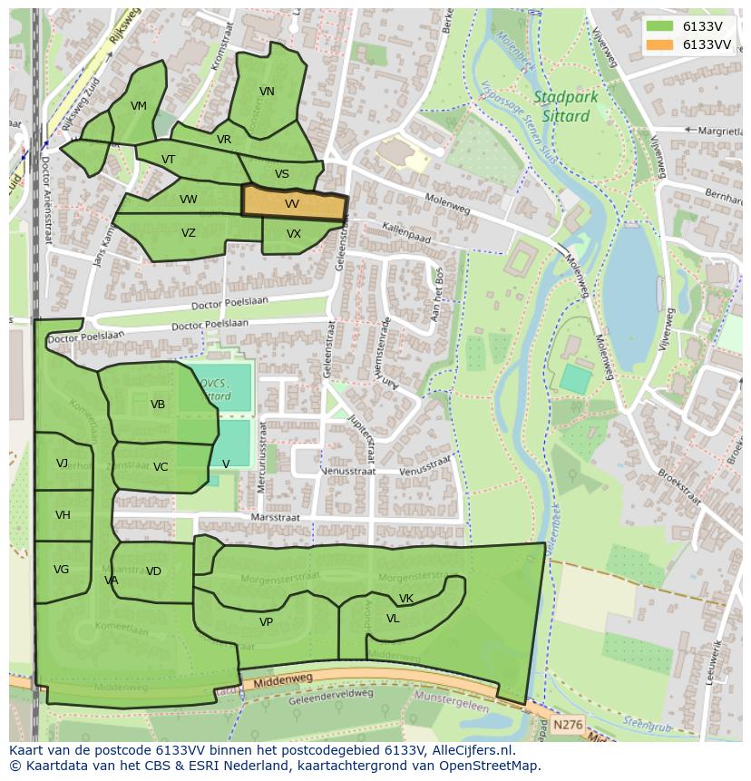 Afbeelding van het postcodegebied 6133 VV op de kaart.