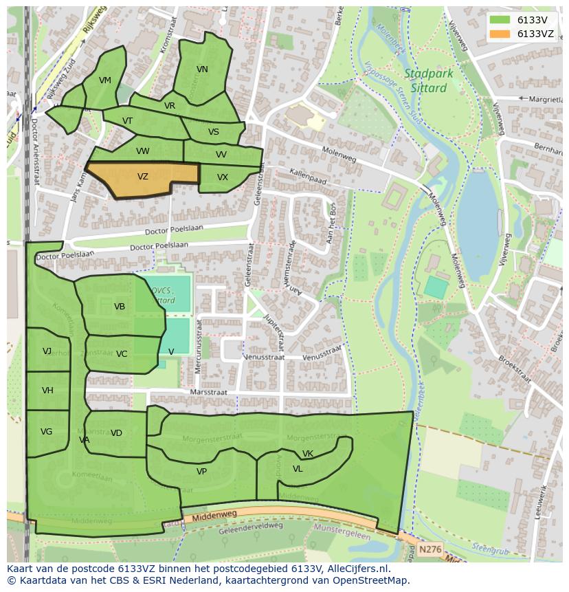 Afbeelding van het postcodegebied 6133 VZ op de kaart.