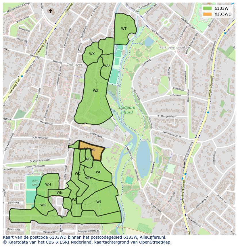 Afbeelding van het postcodegebied 6133 WD op de kaart.