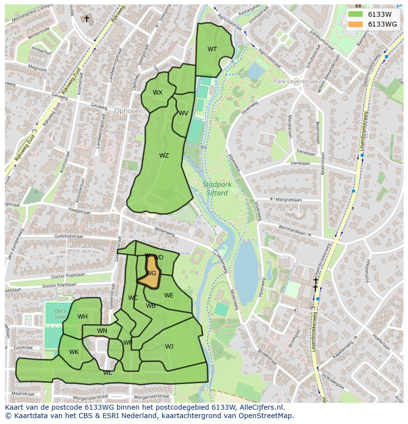 Afbeelding van het postcodegebied 6133 WG op de kaart.