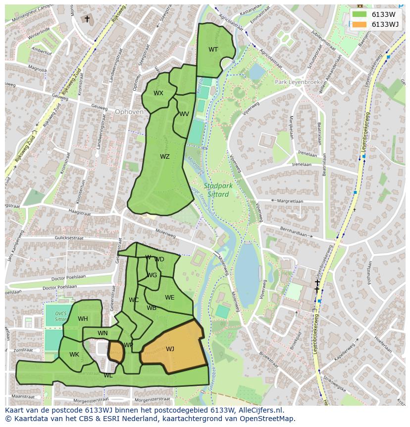 Afbeelding van het postcodegebied 6133 WJ op de kaart.