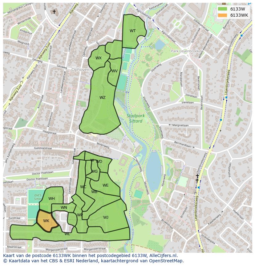 Afbeelding van het postcodegebied 6133 WK op de kaart.