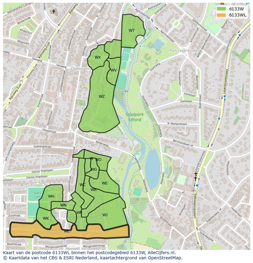 Afbeelding van het postcodegebied 6133 WL op de kaart.