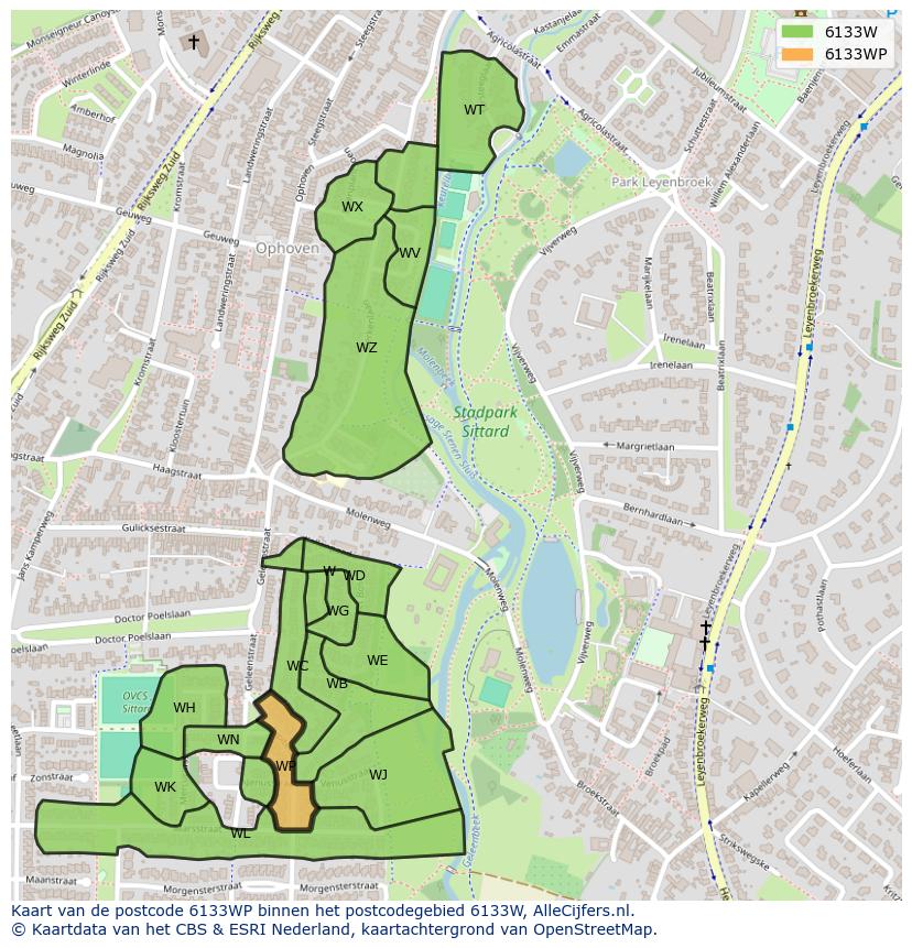 Afbeelding van het postcodegebied 6133 WP op de kaart.