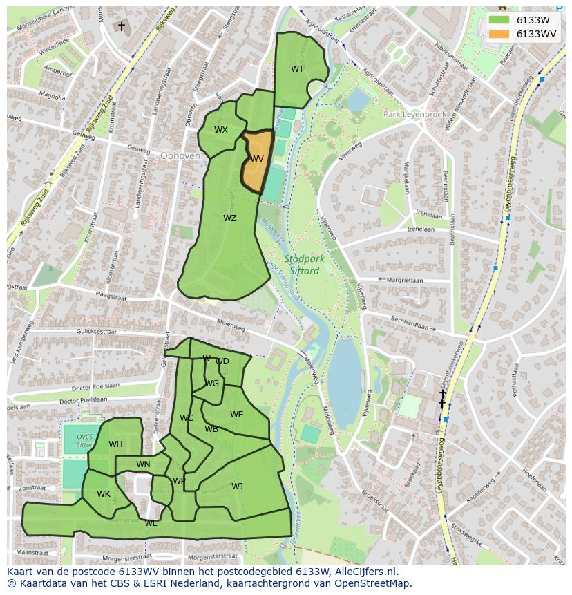 Afbeelding van het postcodegebied 6133 WV op de kaart.