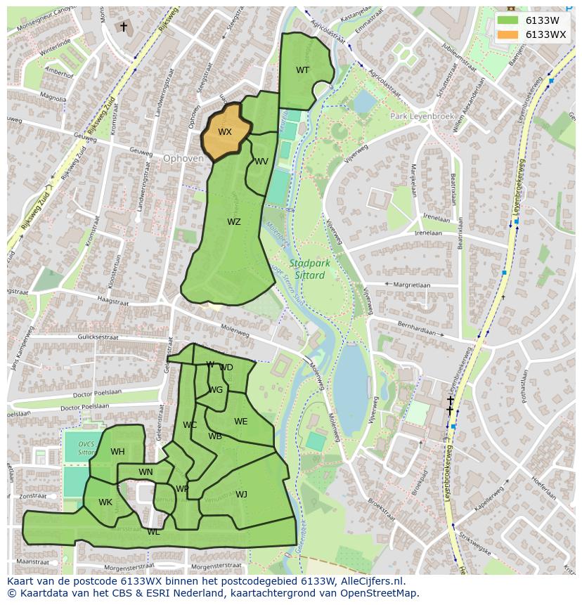 Afbeelding van het postcodegebied 6133 WX op de kaart.