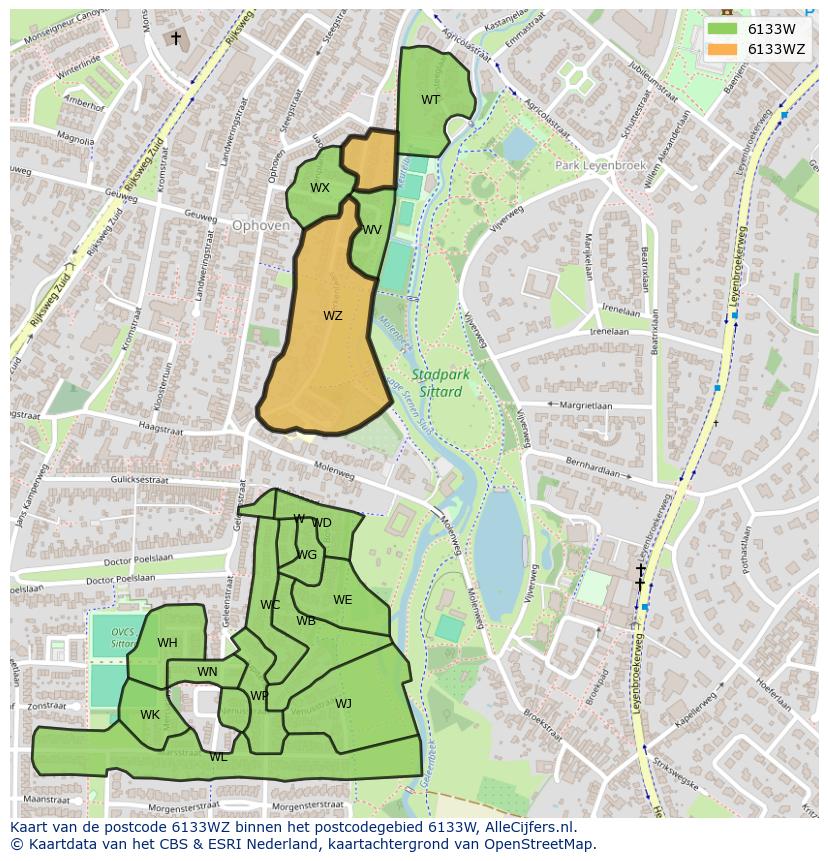 Afbeelding van het postcodegebied 6133 WZ op de kaart.