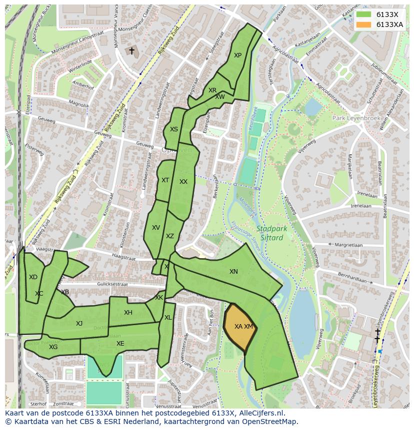 Afbeelding van het postcodegebied 6133 XA op de kaart.