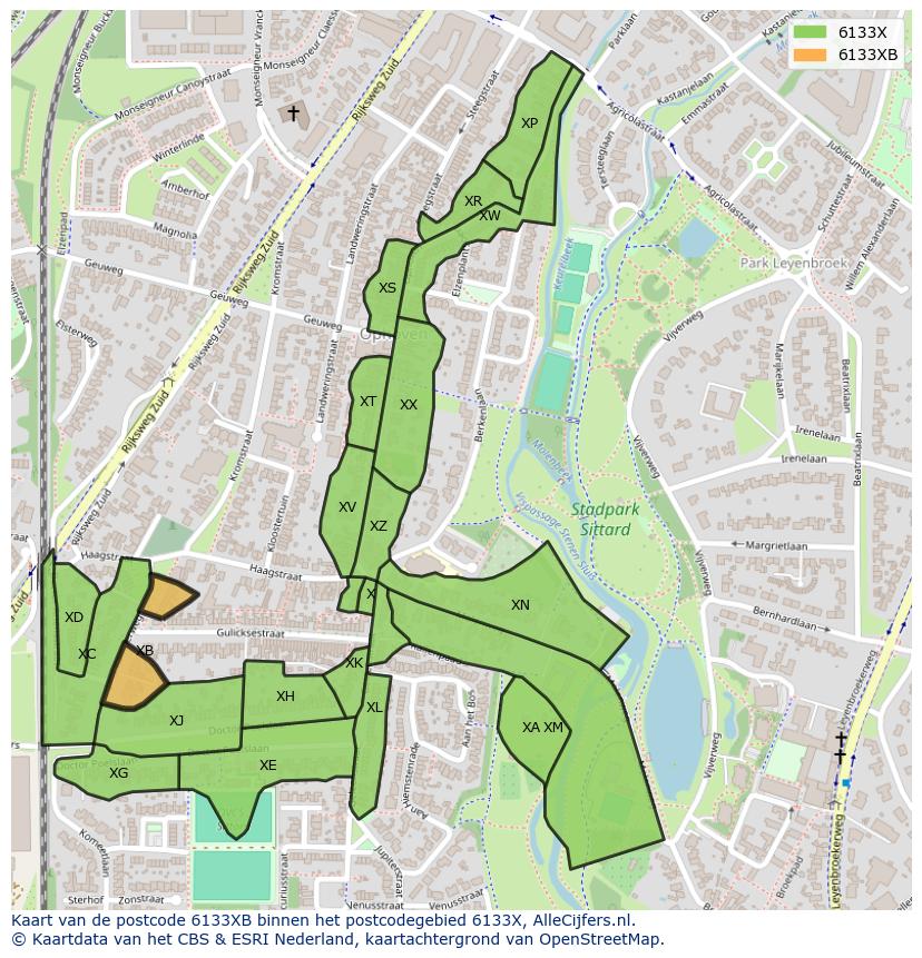 Afbeelding van het postcodegebied 6133 XB op de kaart.