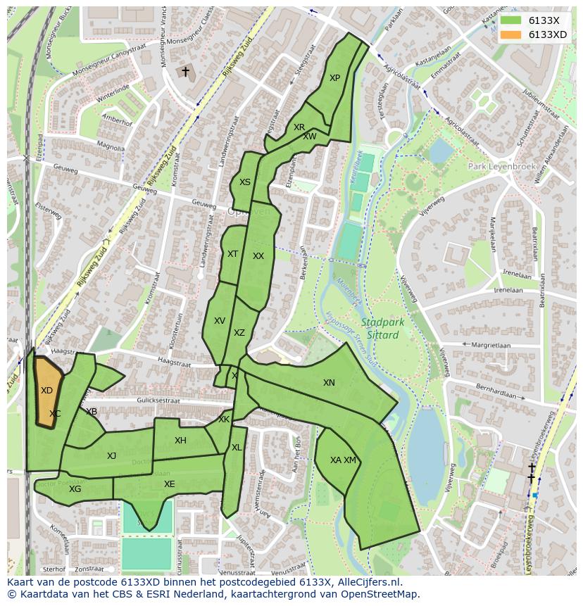 Afbeelding van het postcodegebied 6133 XD op de kaart.