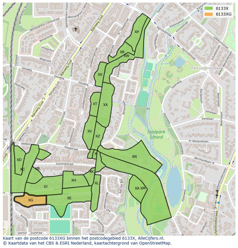 Afbeelding van het postcodegebied 6133 XG op de kaart.