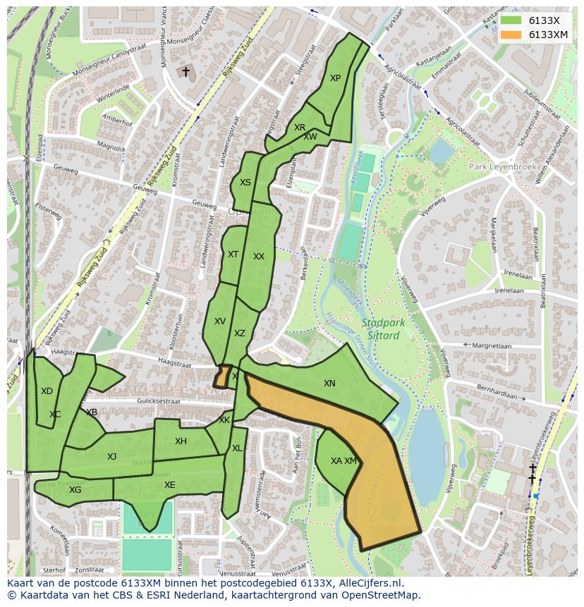 Afbeelding van het postcodegebied 6133 XM op de kaart.
