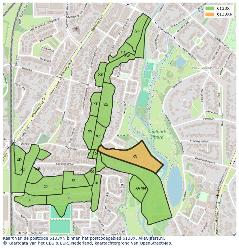 Afbeelding van het postcodegebied 6133 XN op de kaart.