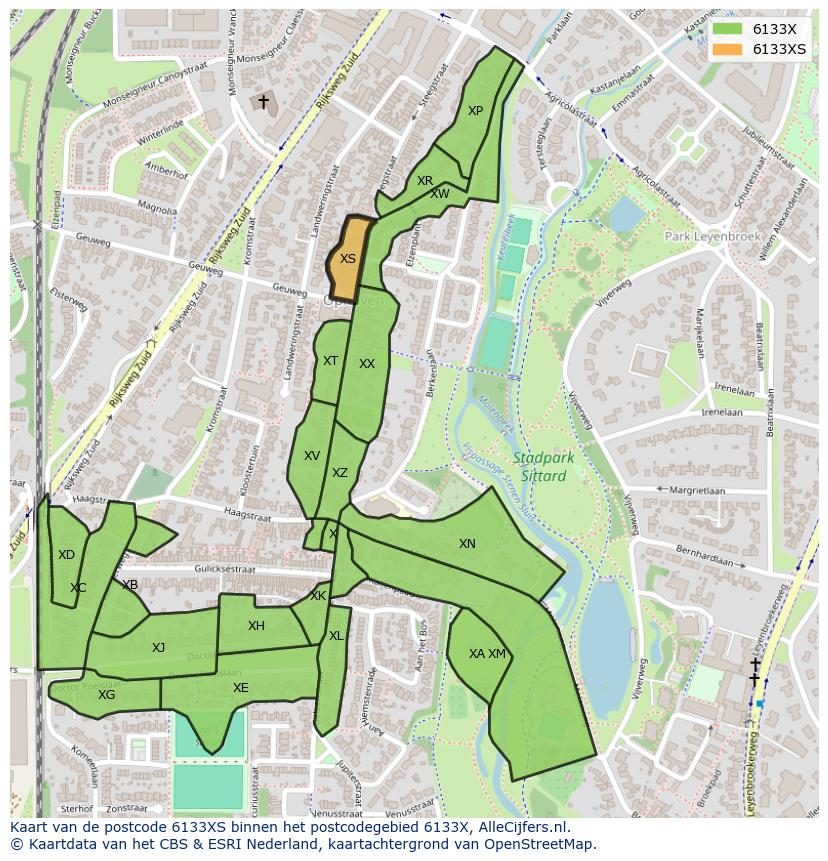 Afbeelding van het postcodegebied 6133 XS op de kaart.