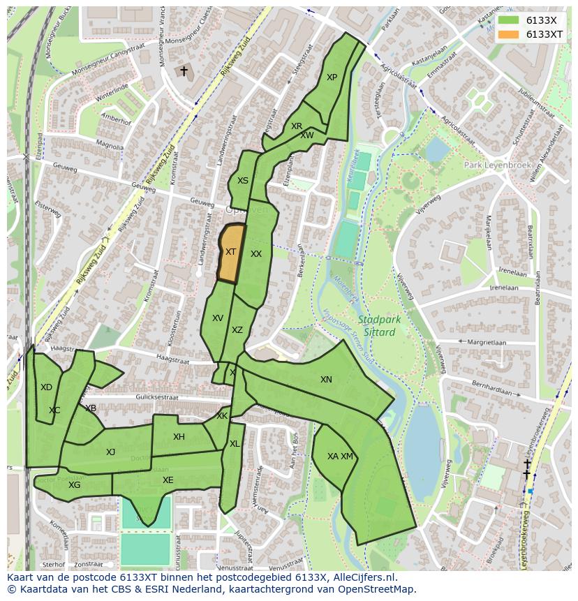 Afbeelding van het postcodegebied 6133 XT op de kaart.