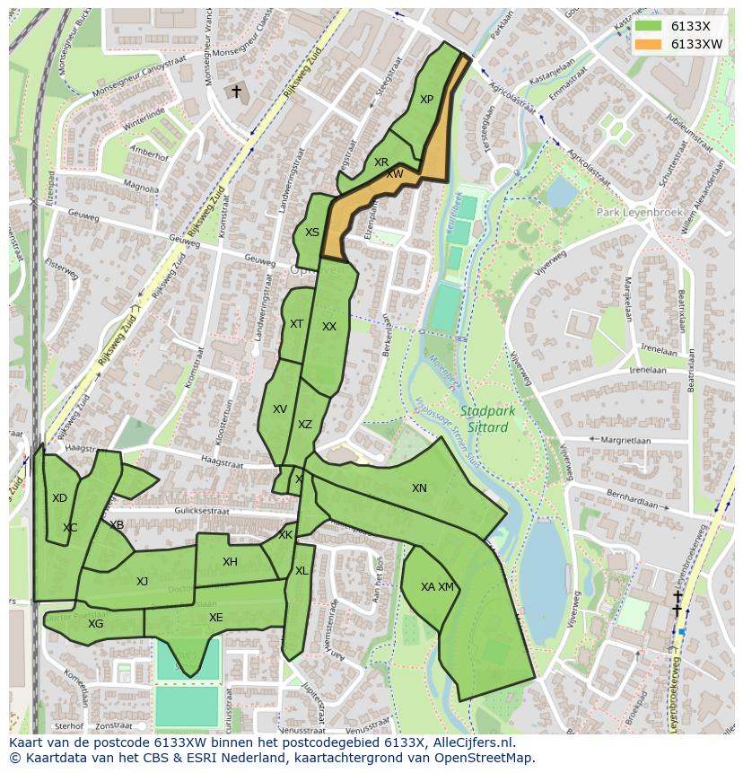 Afbeelding van het postcodegebied 6133 XW op de kaart.