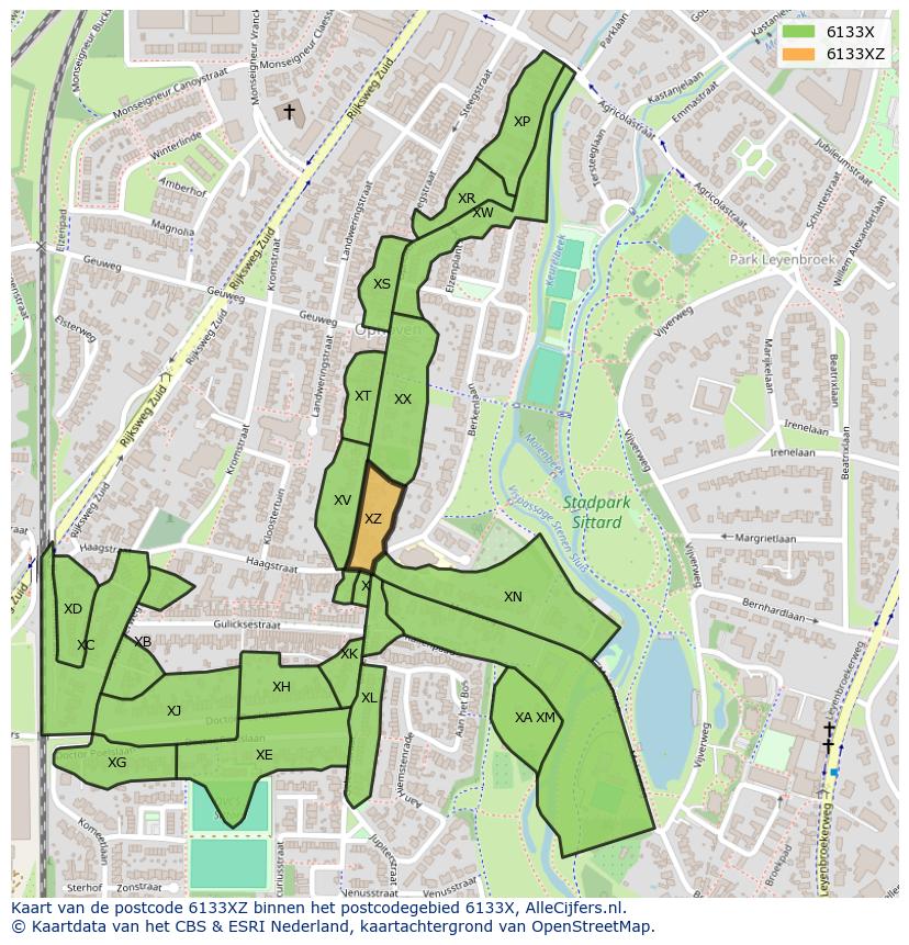 Afbeelding van het postcodegebied 6133 XZ op de kaart.