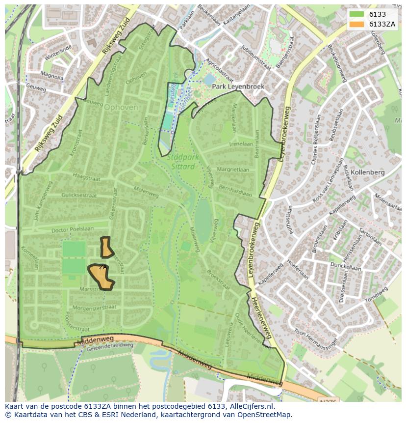 Afbeelding van het postcodegebied 6133 ZA op de kaart.