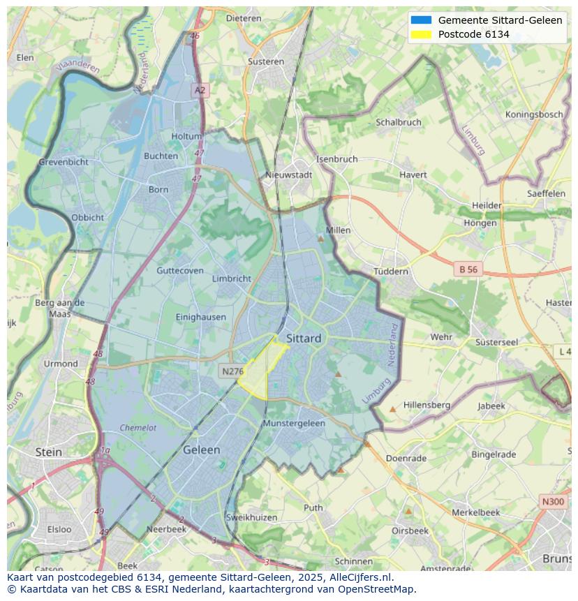 Afbeelding van het postcodegebied 6134 op de kaart.