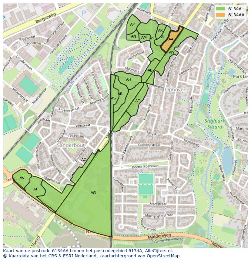 Afbeelding van het postcodegebied 6134 AA op de kaart.
