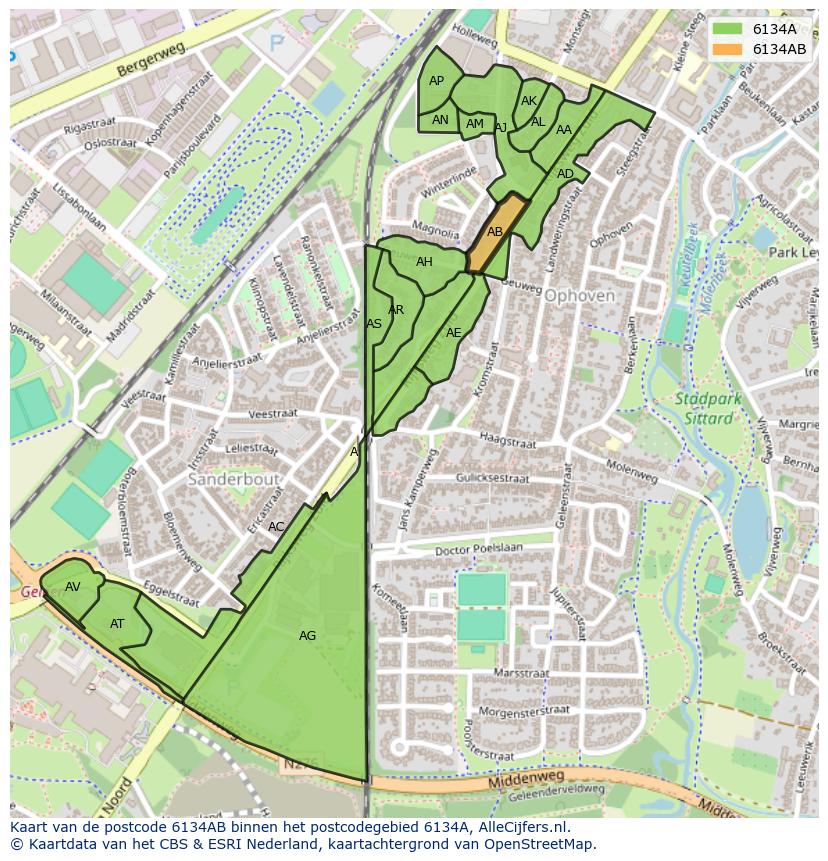 Afbeelding van het postcodegebied 6134 AB op de kaart.