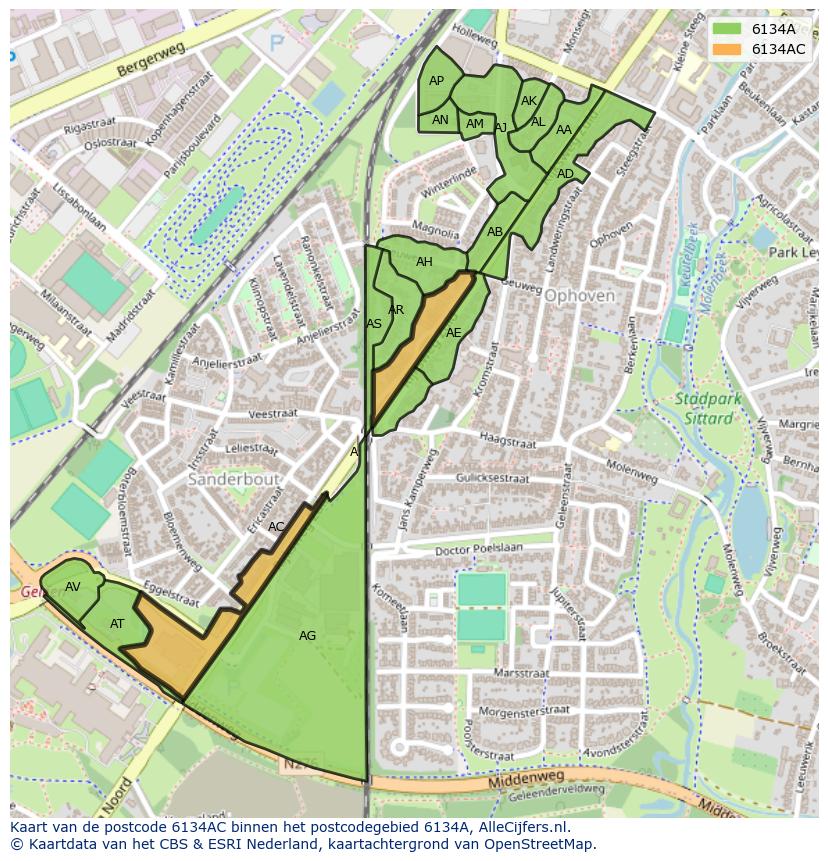 Afbeelding van het postcodegebied 6134 AC op de kaart.