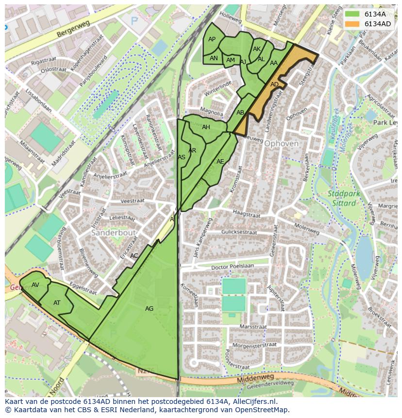 Afbeelding van het postcodegebied 6134 AD op de kaart.