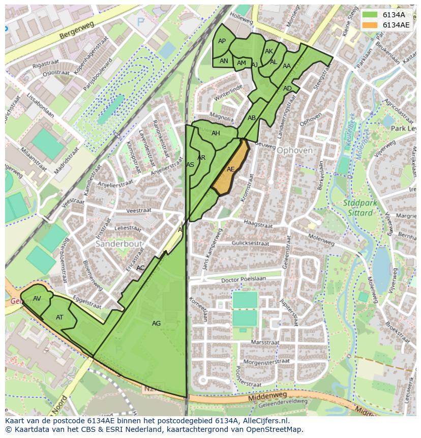 Afbeelding van het postcodegebied 6134 AE op de kaart.