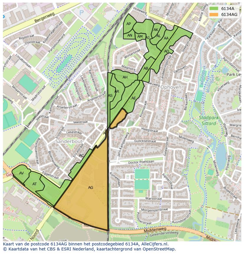 Afbeelding van het postcodegebied 6134 AG op de kaart.
