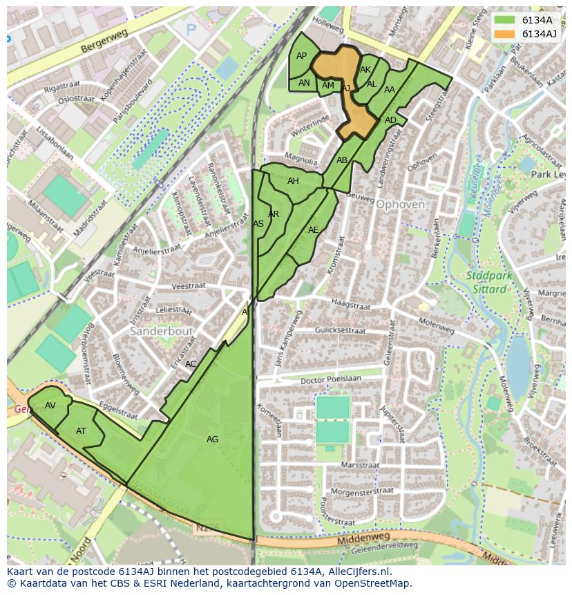 Afbeelding van het postcodegebied 6134 AJ op de kaart.