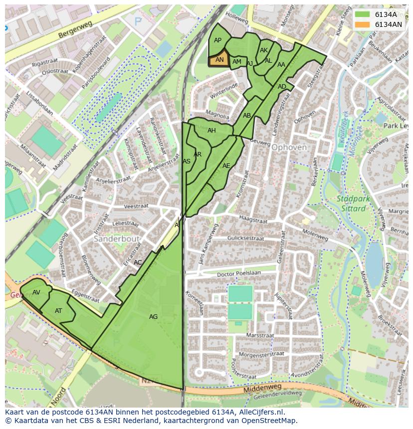 Afbeelding van het postcodegebied 6134 AN op de kaart.