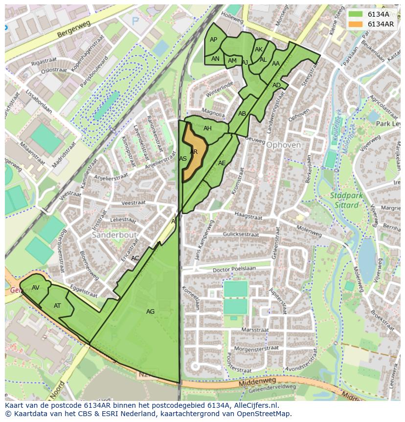 Afbeelding van het postcodegebied 6134 AR op de kaart.