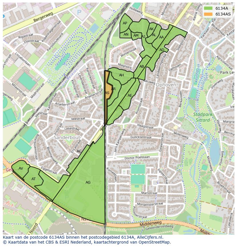 Afbeelding van het postcodegebied 6134 AS op de kaart.