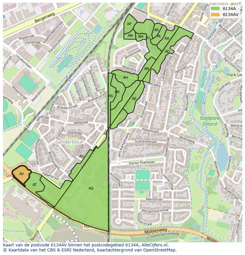 Afbeelding van het postcodegebied 6134 AV op de kaart.