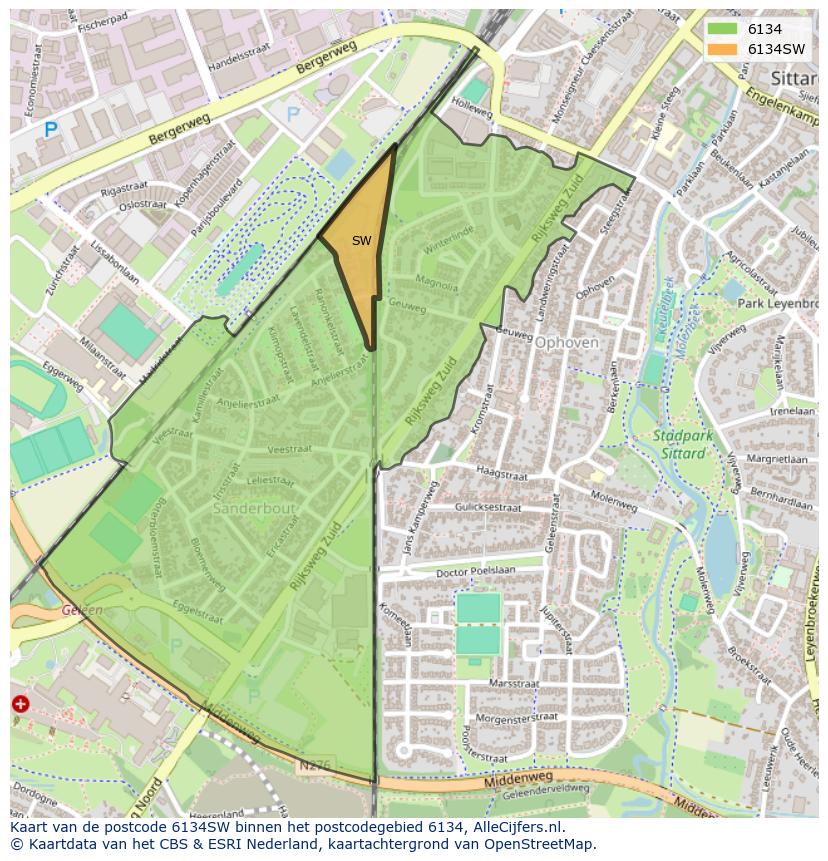 Afbeelding van het postcodegebied 6134 SW op de kaart.
