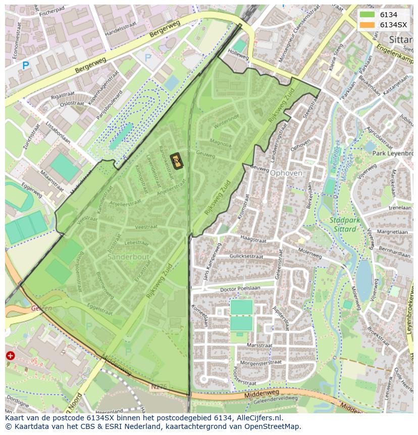 Afbeelding van het postcodegebied 6134 SX op de kaart.