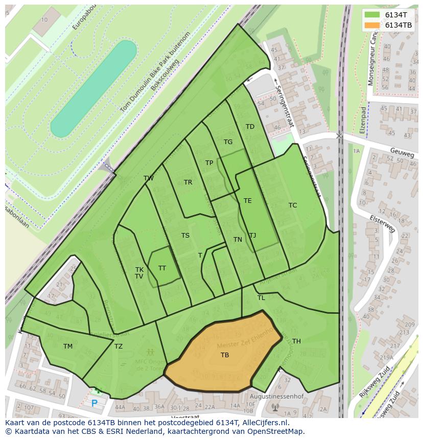 Afbeelding van het postcodegebied 6134 TB op de kaart.